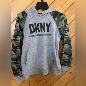 DKNY gray with camo sleeves, long sleeve hooded sweater boys size 18 ( 014)